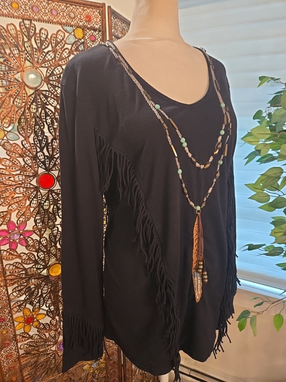Double D Ranch Fringe Embroidered Feather Beaded Black Long Sleeve Shirt Medium